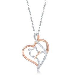 Cat in Heart Sterling Silver Pendant - with Rosegold Plating